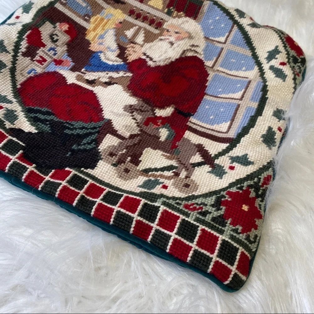 Vintage 1994 Woolen Needlepoint Santa Pillowcase Cover Velvet Back 14